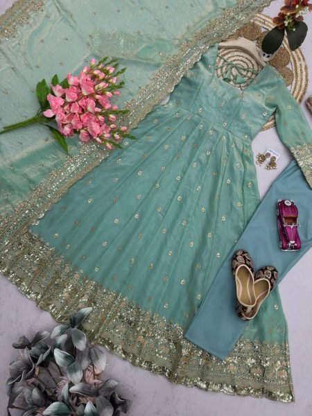 Opulent Sky Blue Stylish Full Stitched Fandy Silk Gown Set with Heavy Sequins Embroidery Ready To Wear Collection