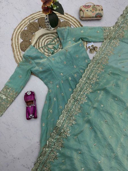 Opulent Sky Blue Stylish Full Stitched Fandy Silk Gown Set with Heavy Sequins Embroidery Ready To Wear Collection