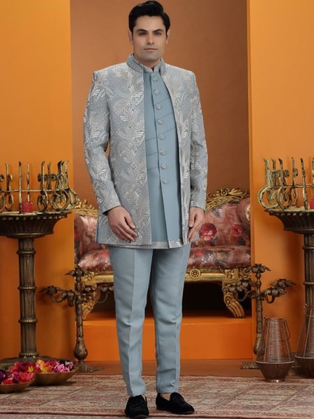 Opulent Steel Blue Wedding Special Embroidered Art Silk Suit Set with Premium Finish 