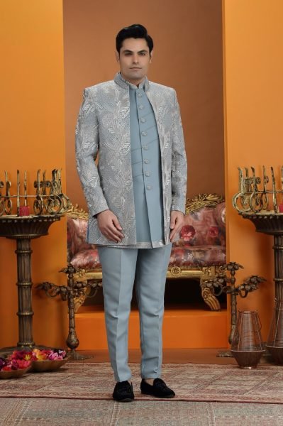 Opulent Steel Blue Wedding Special Embroidered Art Silk Suit Set with Premium Finish Kurta Pajama Wholesale