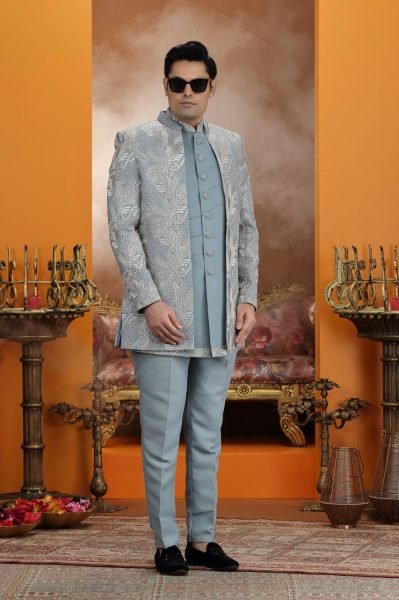 Opulent Steel Blue Wedding Special Embroidered Art Silk Suit Set with Premium Finish Kurta Pajama Wholesale