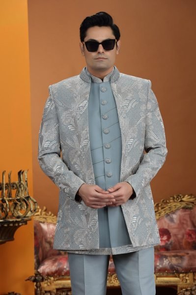 Opulent Steel Blue Wedding Special Embroidered Art Silk Suit Set with Premium Finish Kurta Pajama Wholesale