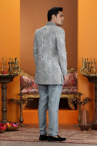 Opulent Steel Blue Wedding Special Embroidered Art Silk Suit Set with Premium Finish Kurta Pajama Wholesale