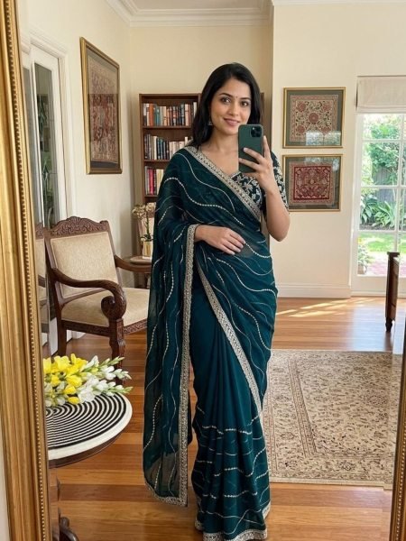 Opulent Teal Blue Soft Georgette Silk Saree with Embroidery Sequins Work 