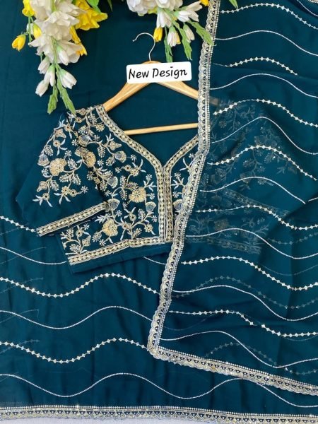 Opulent Teal Blue Soft Georgette Silk Saree with Embroidery Sequins Work Embroidery Sarees Wholesale