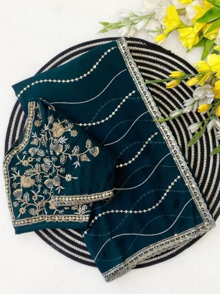 Opulent Teal Blue Soft Georgette Silk Saree with Embroidery Sequins Work Embroidery Sarees Wholesale
