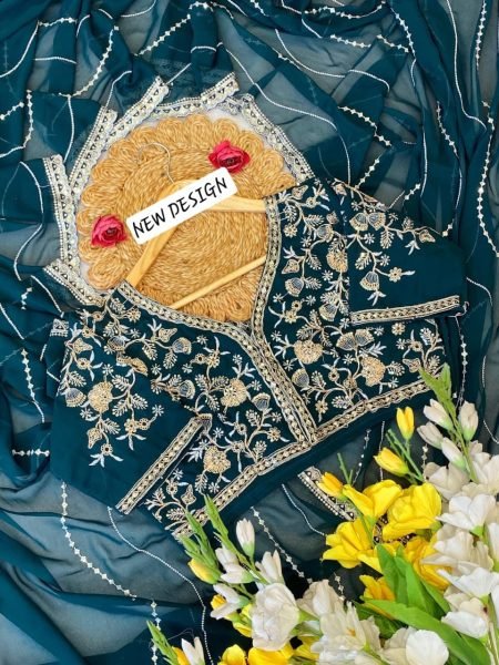Opulent Teal Blue Soft Georgette Silk Saree with Embroidery Sequins Work Embroidery Sarees Wholesale