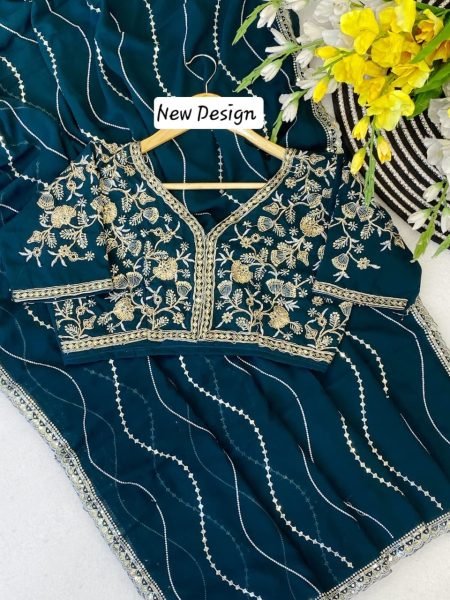 Opulent Teal Blue Soft Georgette Silk Saree with Embroidery Sequins Work Embroidery Sarees Wholesale