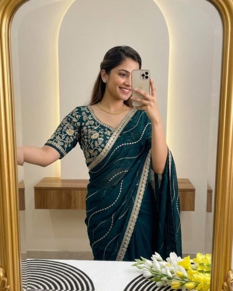 Opulent Teal Blue Soft Georgette Silk Saree with Embroidery Sequins Work Embroidery Sarees Wholesale