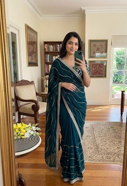 Opulent Teal Blue Soft Georgette Silk Saree with Embroidery Sequins Work Embroidery Sarees Wholesale