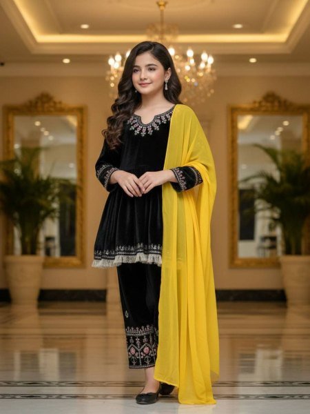 Opulent Viscose Velvet Embroidered Top Bottom Suit with Dupatta for Unique Style Girls Wear