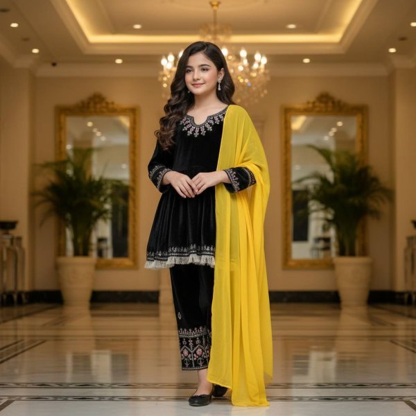 Opulent Viscose Velvet Embroidered Top Bottom Suit with Dupatta for Unique Style Girls Wear