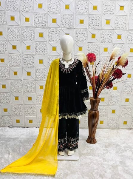 Opulent Viscose Velvet Embroidered Top Bottom Suit with Dupatta for Unique Style Girls Wear