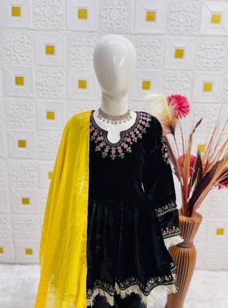 Opulent Viscose Velvet Embroidered Top Bottom Suit with Dupatta for Unique Style Girls Wear