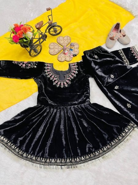 Opulent Viscose Velvet Embroidered Top Bottom Suit with Dupatta for Unique Style Girls Wear