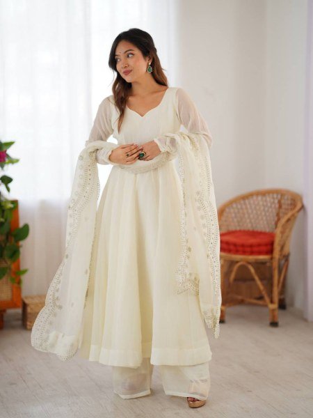 Opulent White Fully Stitch Gown with Matching Bottom and Dupatta for Wedding Wear  Anarkali Kurtis 