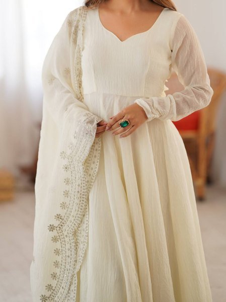 Opulent White Fully Stitch Gown with Matching Bottom and Dupatta for Wedding Wear  Anarkali Kurtis 