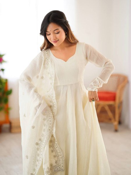 Opulent White Fully Stitch Gown with Matching Bottom and Dupatta for Wedding Wear  Anarkali Kurtis 