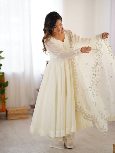 Opulent White Fully Stitch Gown with Matching Bottom and Dupatta for Wedding Wear  Anarkali Kurtis 