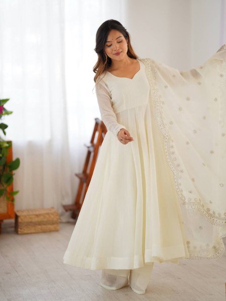 Opulent White Fully Stitch Gown with Matching Bottom and Dupatta for Wedding Wear  Anarkali Kurtis 