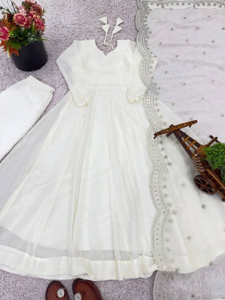 Opulent White Fully Stitch Gown with Matching Bottom and Dupatta for Wedding Wear  Anarkali Kurtis 