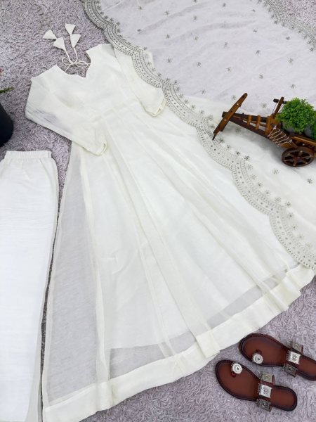 Opulent White Fully Stitch Gown with Matching Bottom and Dupatta for Wedding Wear  Anarkali Kurtis 