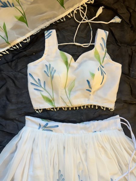 Opulent White Georgette Lehenga Choli with Hand Painted Floral Print Designer Lehenga Choli