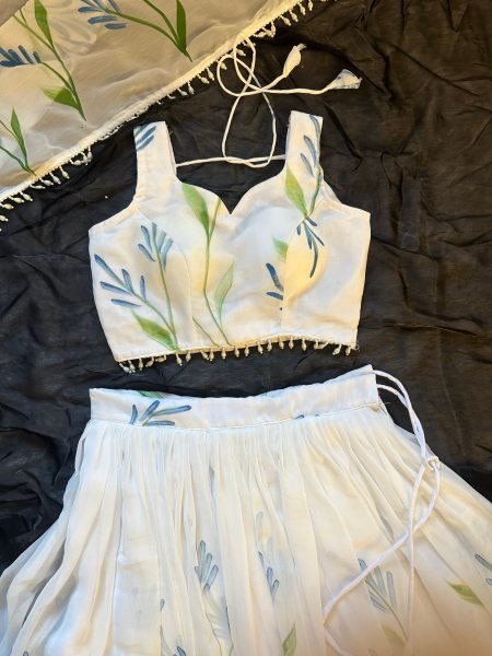 Opulent White Georgette Lehenga Choli with Hand Painted Floral Print Designer Lehenga Choli