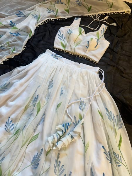 Opulent White Georgette Lehenga Choli with Hand Painted Floral Print Designer Lehenga Choli