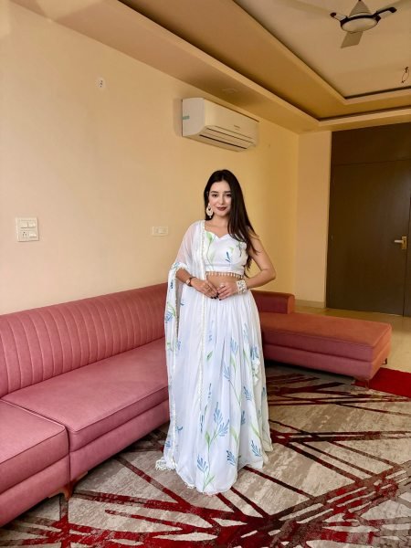 Opulent White Georgette Lehenga Choli with Hand Painted Floral Print Designer Lehenga Choli