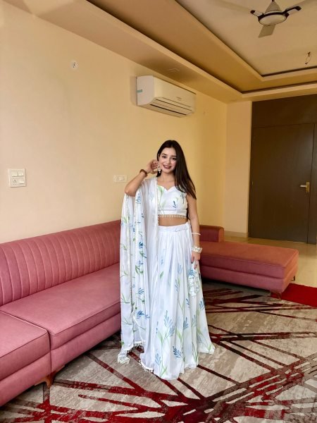 Opulent White Georgette Lehenga Choli with Hand Painted Floral Print Designer Lehenga Choli