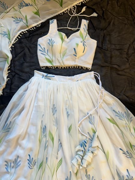 Opulent White Georgette Lehenga Choli with Hand Painted Floral Print Designer Lehenga Choli