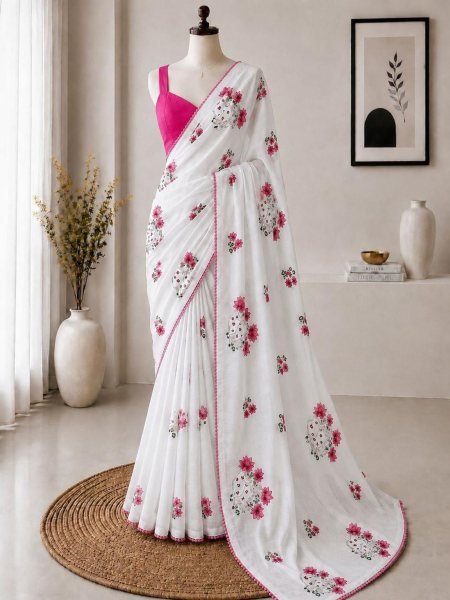Opulent White Kota Checks Saree with Designer Embroidery and Banglori Blouse Sarees 