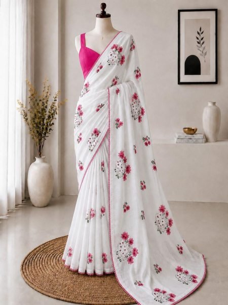 Opulent White Kota Checks Saree with Designer Embroidery and Banglori Blouse Embroidery Sarees Wholesale