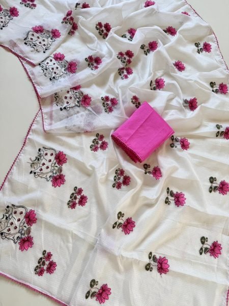 Opulent White Kota Checks Saree with Designer Embroidery and Banglori Blouse Embroidery Sarees Wholesale