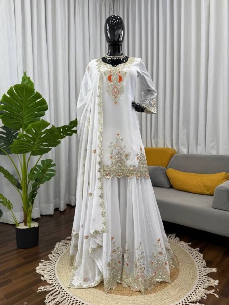 Opulent White Thread and Sequence Faux Georgette Sharara Suit for Wedding Collection Ready To Wear Suit