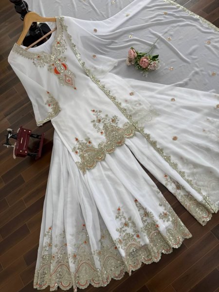 Opulent White Thread and Sequence Faux Georgette Sharara Suit for Wedding Collection Ready To Wear Collection