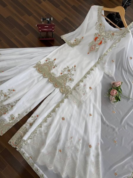 Opulent White Thread and Sequence Faux Georgette Sharara Suit for Wedding Collection Ready To Wear Collection