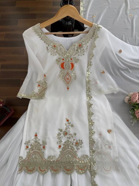 Opulent White Thread and Sequence Faux Georgette Sharara Suit for Wedding Collection Ready To Wear Collection