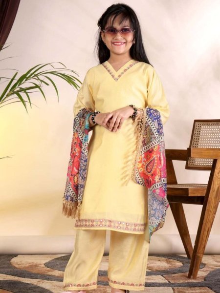 Opulent Yellow Ready to Wear Kids Roman Kurti Pant Set with Printed Dupatta 