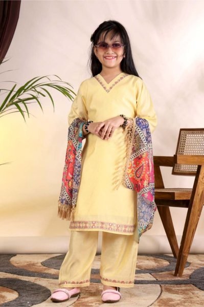 Opulent Yellow Ready to Wear Kids Roman Kurti Pant Set with Printed Dupatta Girls Wear