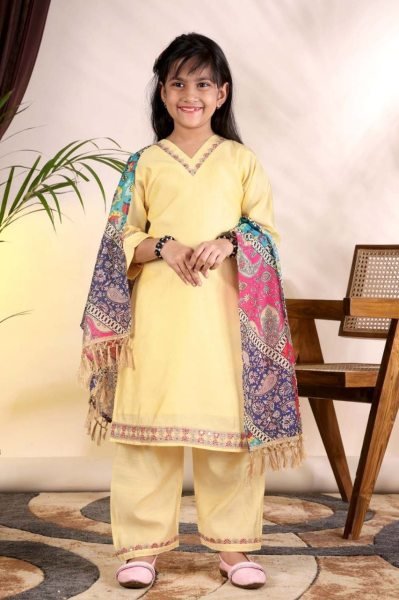 Opulent Yellow Ready to Wear Kids Roman Kurti Pant Set with Printed Dupatta Girls Wear