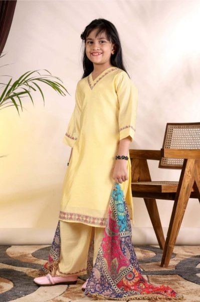 Opulent Yellow Ready to Wear Kids Roman Kurti Pant Set with Printed Dupatta Girls Wear