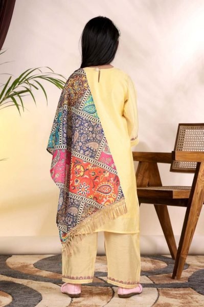 Opulent Yellow Ready to Wear Kids Roman Kurti Pant Set with Printed Dupatta Girls Wear