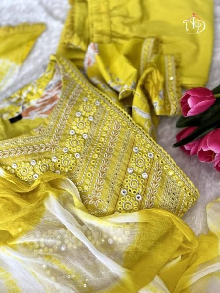 ORANGE AND YELLOW FLORAL EMBROIDERED NAYRA CUT COTTON SUIT SETS 3 Piece Kurti Set