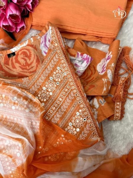 ORANGE AND YELLOW FLORAL EMBROIDERED NAYRA CUT COTTON SUIT SETS 3 Piece Kurti Set