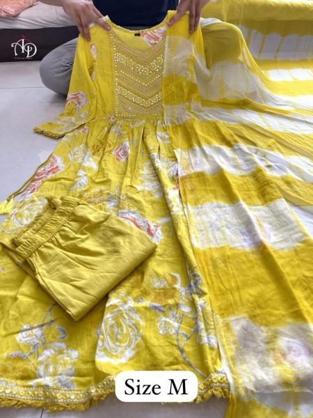 ORANGE AND YELLOW FLORAL EMBROIDERED NAYRA CUT COTTON SUIT SETS 3 Piece Kurti Set