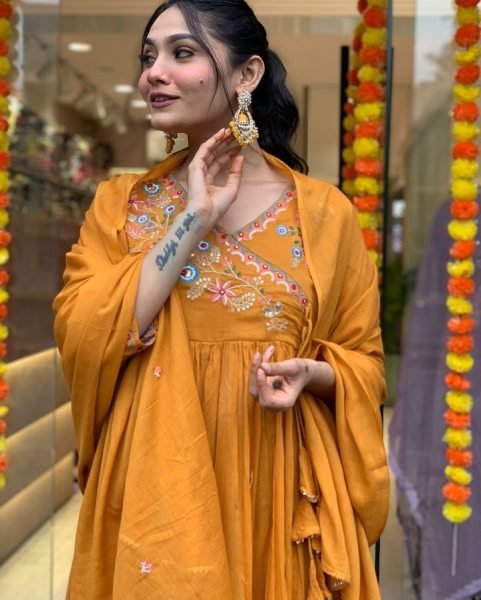 Orange Angrakha-Style Embroidered Kurti Set with Chanderi Dupatta At Best Price 3 Piece Kurti Set