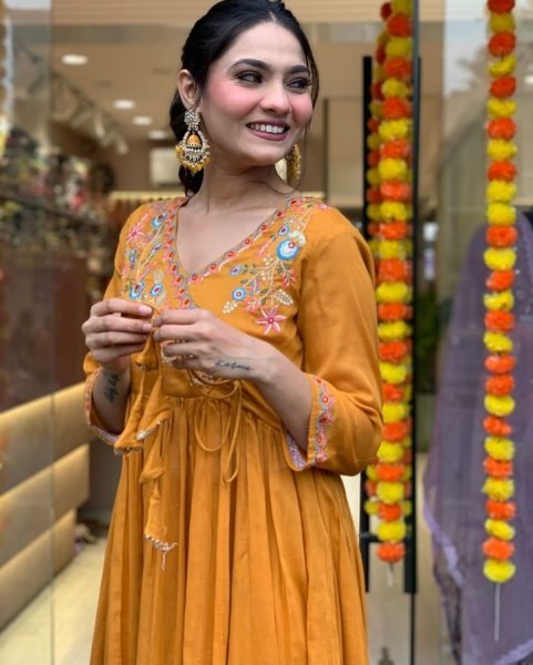 Orange Angrakha-Style Embroidered Kurti Set with Chanderi Dupatta At Best Price 3 Piece Kurti Set