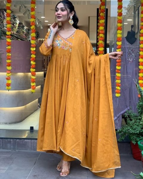 Orange Angrakha-Style Embroidered Kurti Set with Chanderi Dupatta At Best Price 3 Piece Kurti Set